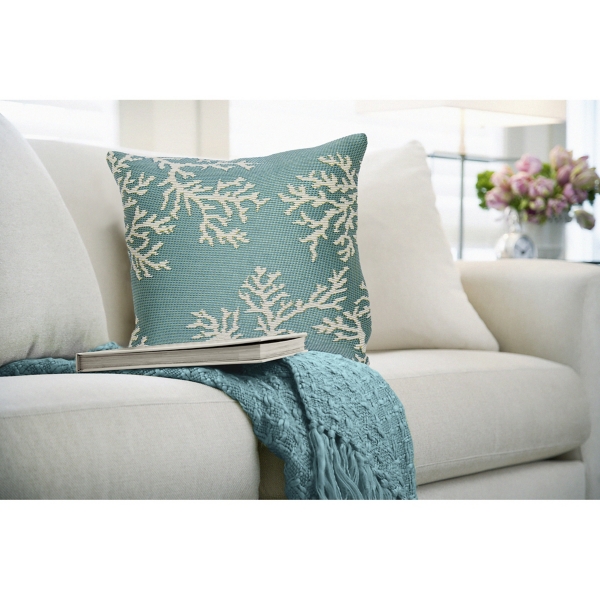 Turquoise Coral Woven Outdoor Throw Pillow