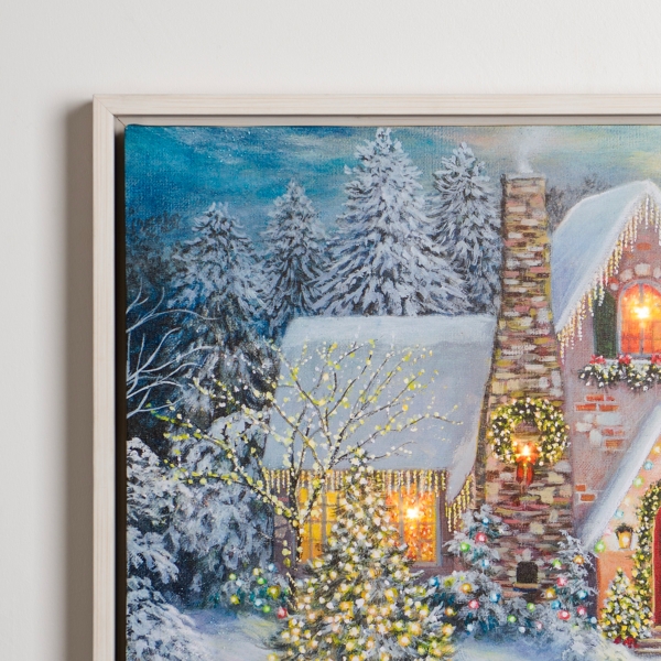 LED Snowy Christmas House Canvas Art Print