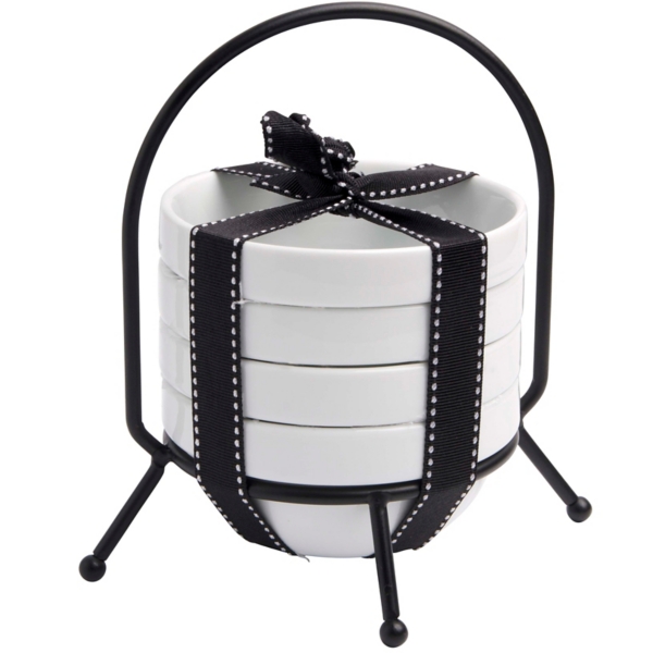 Round White 4pc. Snack Bowl Set with Rack Kirklands Home