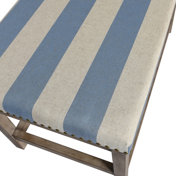 Blue and White Striped Upholstered Wood Bench