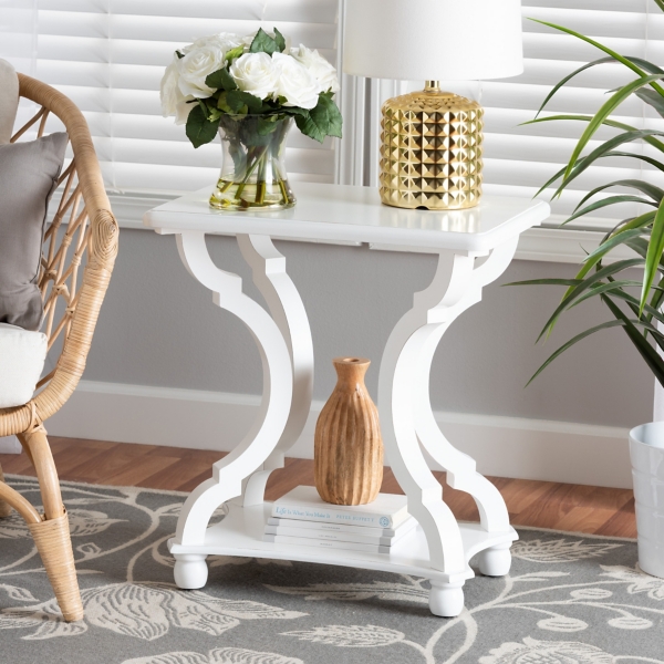 White Hourglass Wood Accent Table
