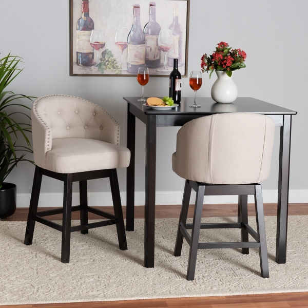 Beige Tufted Seat Swivel Counter Stools, Set of 2