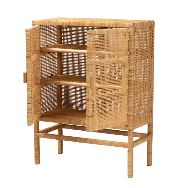 Tan Woven Rattan and Wood Cabinet