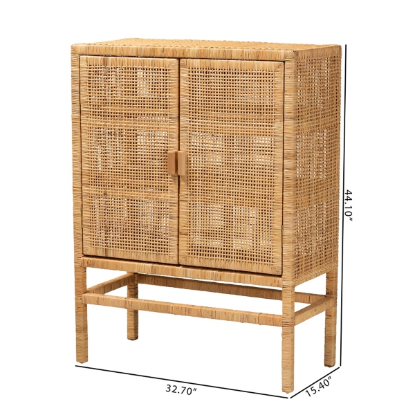 Tan Woven Rattan and Wood Cabinet
