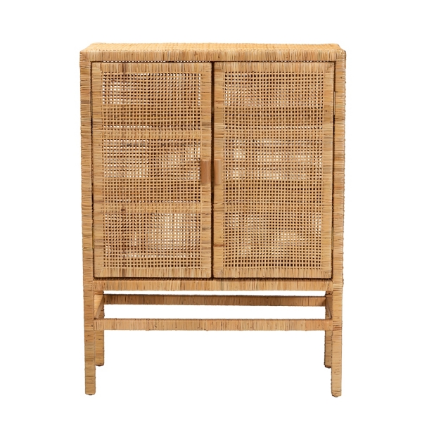 Tan Woven Rattan and Wood Cabinet
