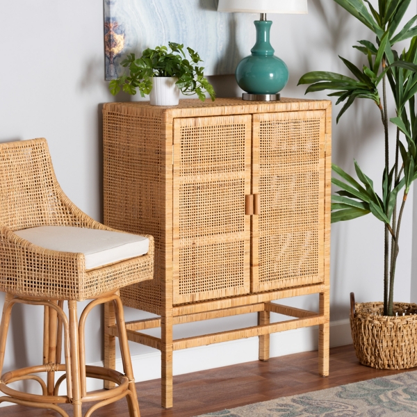 Tan Woven Rattan and Wood Cabinet