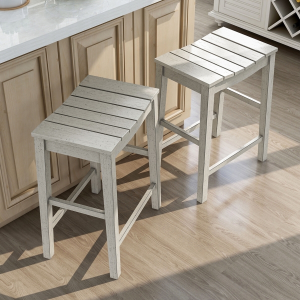 Whitewashed Saddle Seat Counter Stools, Set of 2