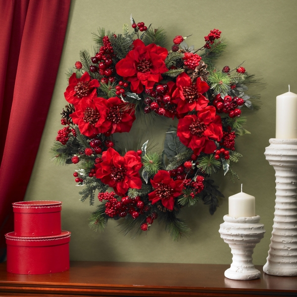 Red Poinsettia and Berry Wreath