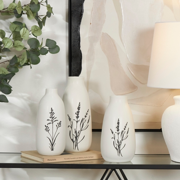 White Ceramic Botanical Print Vases, Set of 3