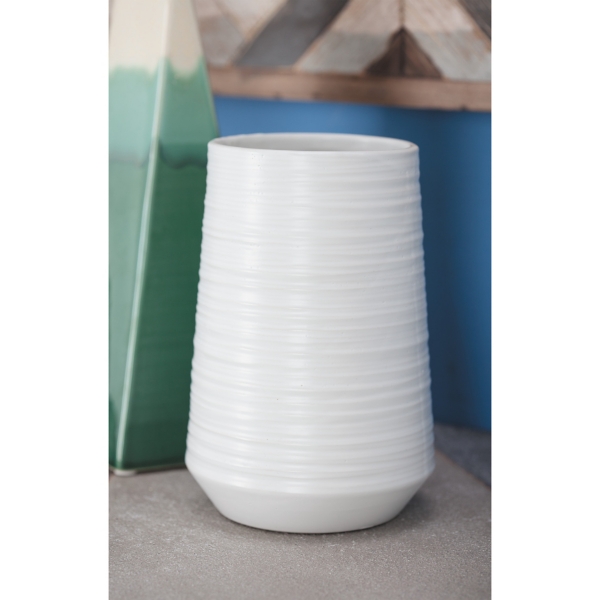 White Ceramic Ribbed Vase, 7 in.