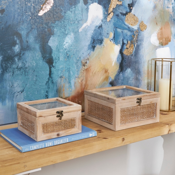 Natural Rattan and Glass Top Boxes, Set of 2