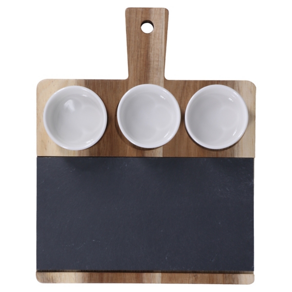 3-Bowl Slate and Wood Serving Board