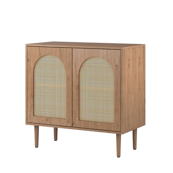 Oak Wood and Arched Rattan 2-Door Cabinet