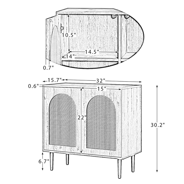 Oak Wood and Arched Rattan 2-Door Cabinet