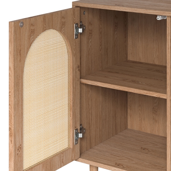 Oak Wood and Arched Rattan 2-Door Cabinet