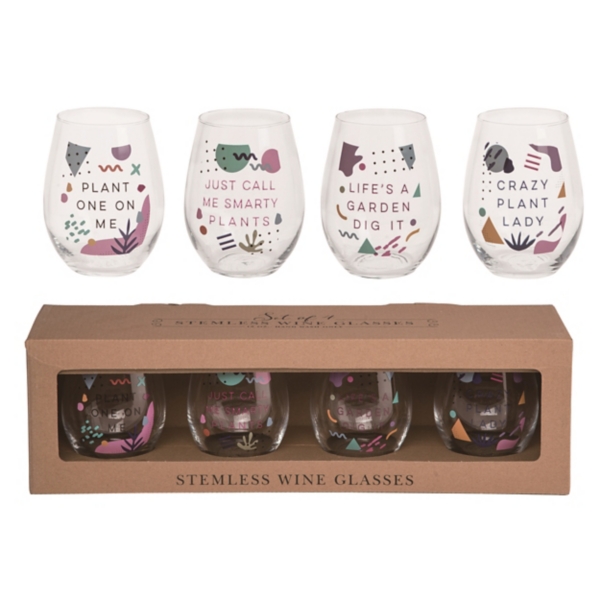 Plant Enthusiast Stemless Wine Glasses, Set of 4