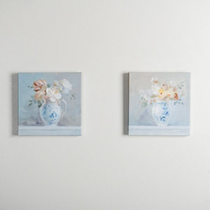 Blue and Gray Floral Canvas Art Prints, Set of 3