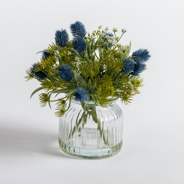Blue Thistle Arrangement in Glass Vase