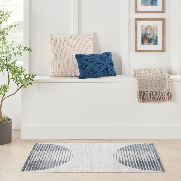 Blue Linear Geometric Washable Area Rug