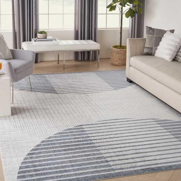 Blue and Ivory Striped Half Moon Area Rug, 8x10
