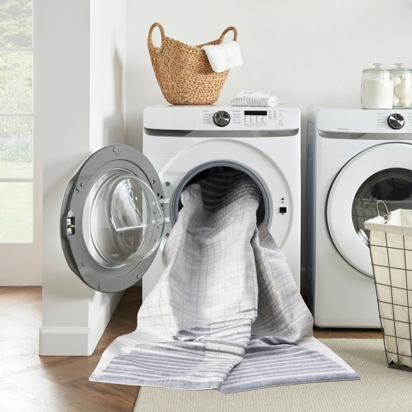 Blue and Ivory Striped Half Moon Area Rug, 8x10