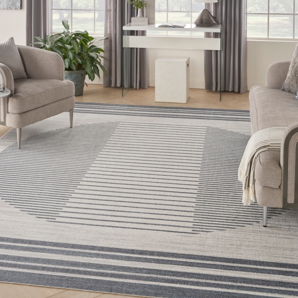 Blue and Ivory Linear Moon Area Rug, 9x12