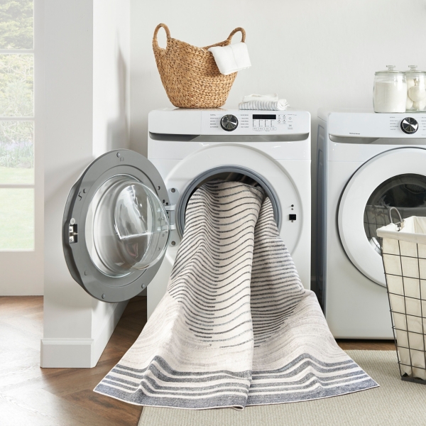 Blue and Ivory Linear Moon Area Rug, 9x12