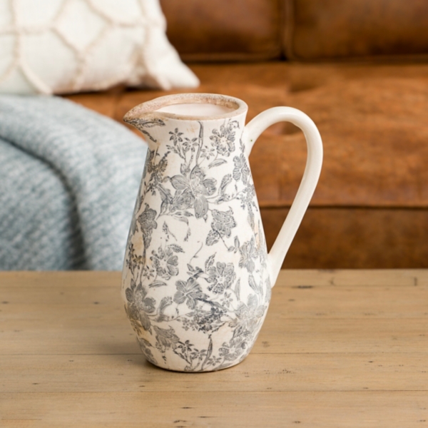 Gray Ceramic Vintage Floral Pitcher Vase