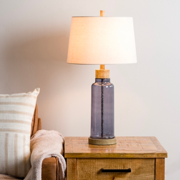 Blue Glass with Wood Trim Table Lamp