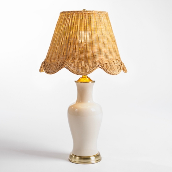 Cream Ceramic Table Lamp With Woven Shade