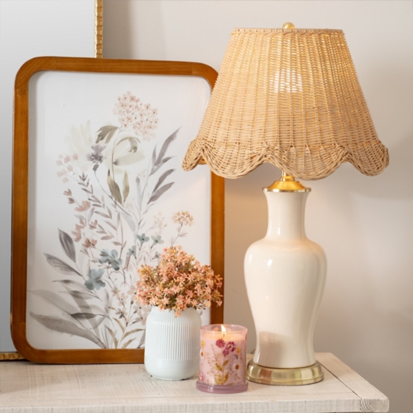 Kirklands Cream Ceramic Table Lamp With Woven Shade at