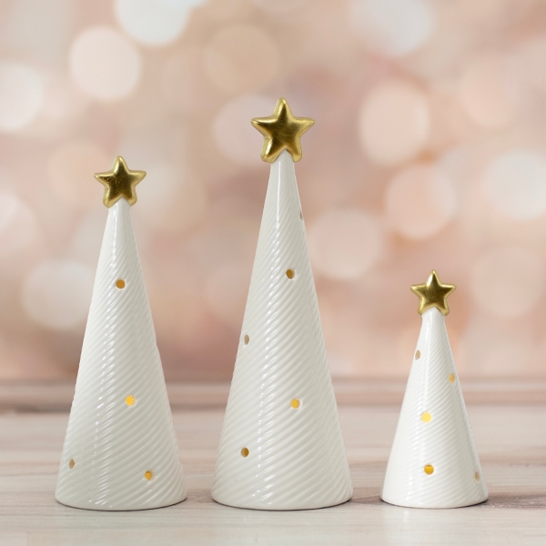 Zodax 10 Tall Ceramic Christmas Tabletop Decoration, White (Set of 4) Trees