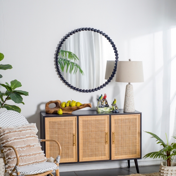 Black Metal Round Beaded Wall Mirror
