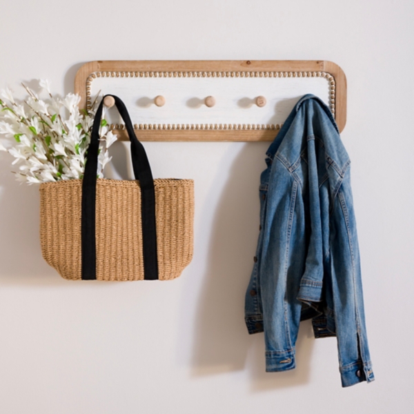 White and Natural Wood Beaded Wall Hooks