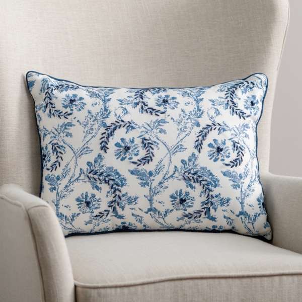 Blue Toile Embroidered Lumbar Pillow