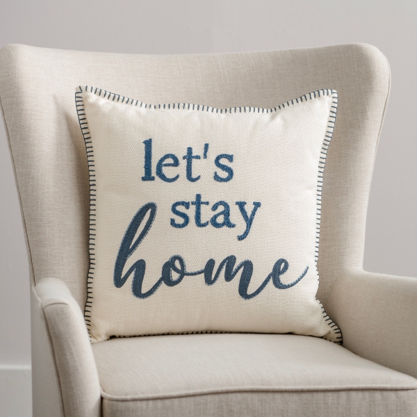 Blue Embroidered Let's Stay Home Throw Pillow