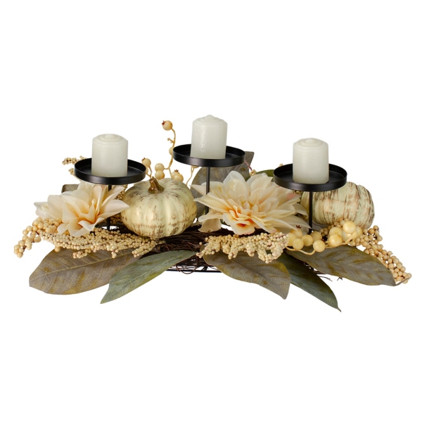 Ivory Pumpkin and Dahlia Candle Centerpiece