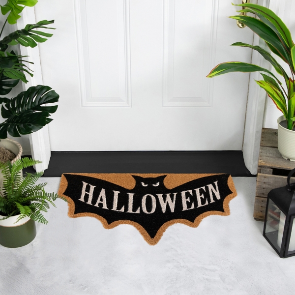 Black Bat Shaped Halloween Coir Doormat