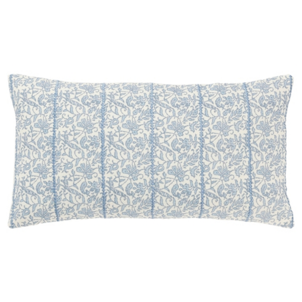 Blue and Ivory Floral Print Lumbar Pillow