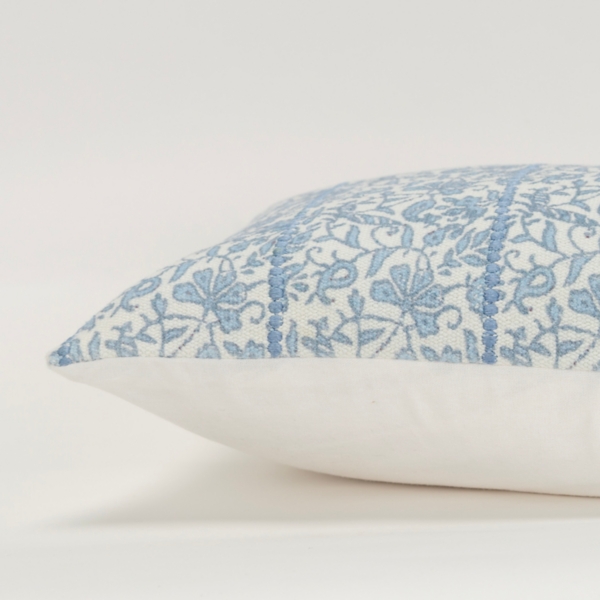 Blue and Ivory Floral Print Lumbar Pillow