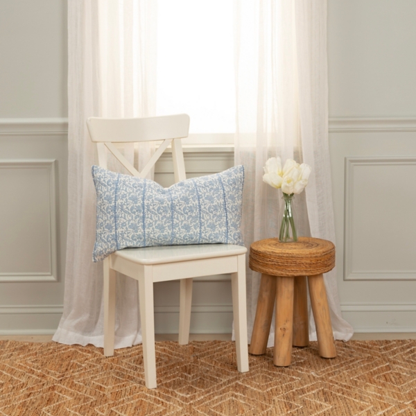 Blue and Ivory Floral Print Lumbar Pillow