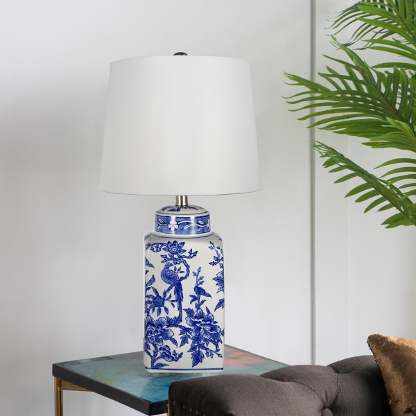 Blue and White Bird Pattern Table Lamp