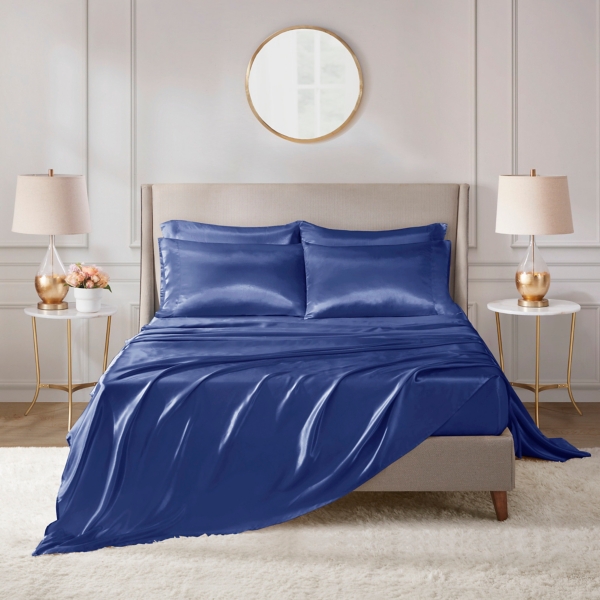 Navy Blue Satin 6-pc. Queen Sheet Set 