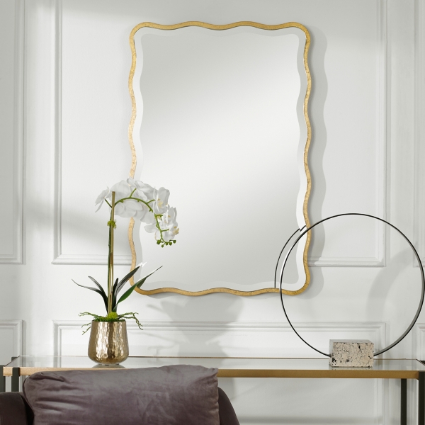 Gold Wood Wavy Frame Beveled Wall Mirror