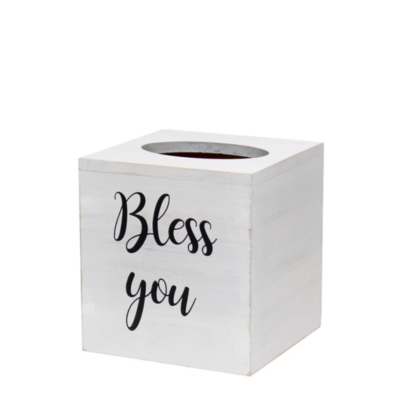Bless You White Wood Tissue Box Cover