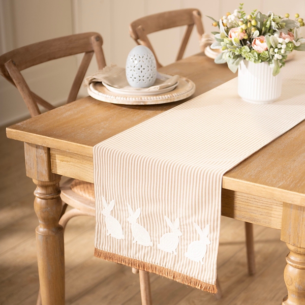Khaki Striped Embroidered Bunnies Table Runner
