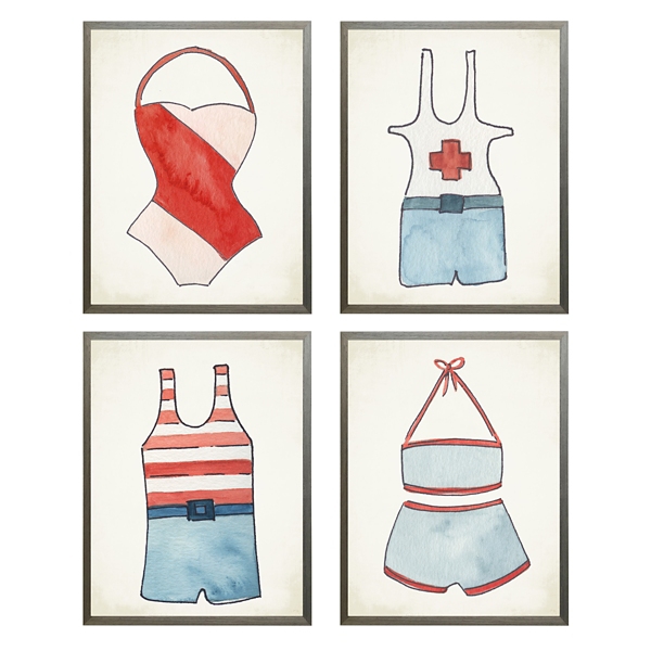 Red and Blue Vintage Swimsuits Art, Set of 4