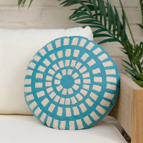 Round Blue Embroidered Outdoor Pillow