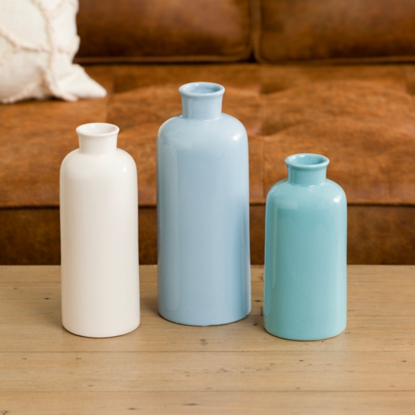 Blue and White Coastal Ceramic Vases, Set of 3