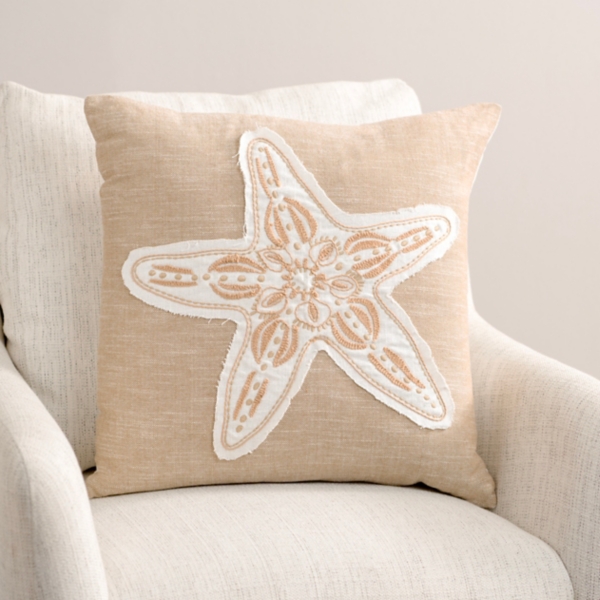 Taupe Embroidered Starfish Throw Pillow